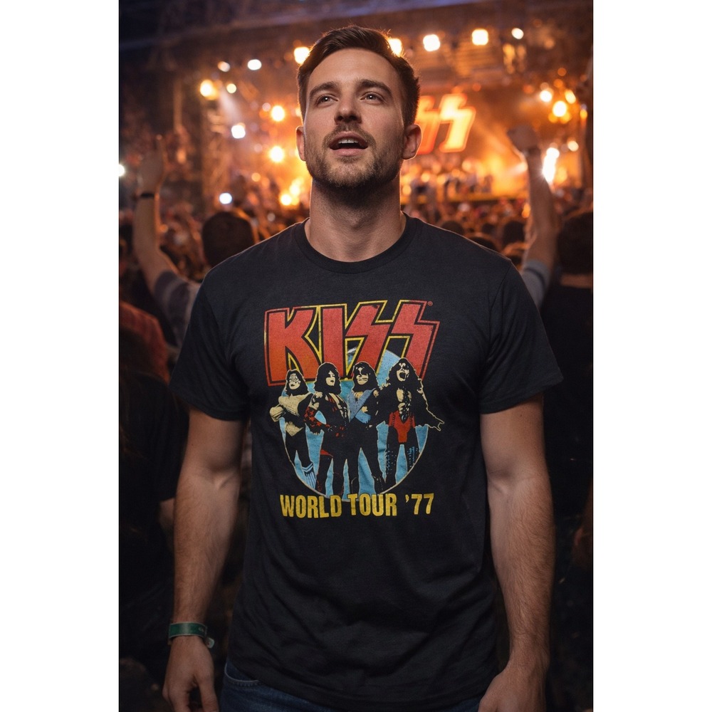 KISS World Tour 77 Graphic T-Shirt Men's Medium Black Rock Band Short Sleeve Tee